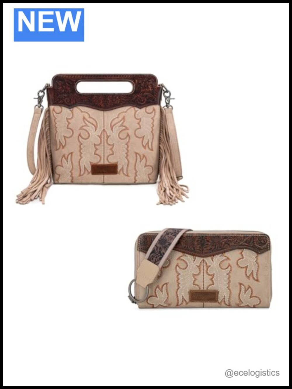 Wrangler Western Leather Fringe Crossbody Bag with Wallet Floral Tooled